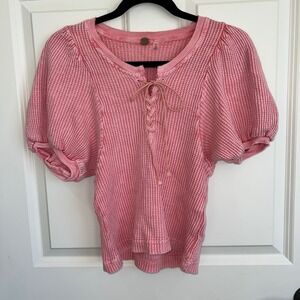 Free‎ People One Hayden Puff Sleeve Lace Up Thermal Shirt Pink Size Small